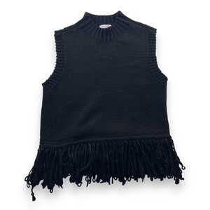 Koko + Mason Black Chunky Knit Fringe Hem Mock Neck Sweater Vest Womens Medium
